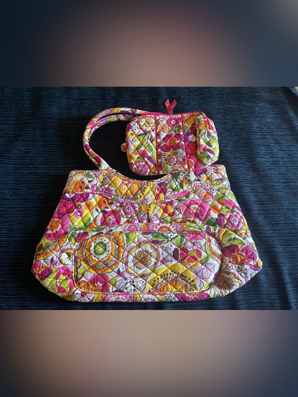 Vera Bradley Pink Yellow Green Quilted Floral Tote purse Cosmetic bag Clementine